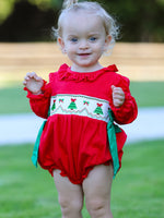 Christmas Smocked Girls Romper with Green Bow and Tree Embroidery by Rylee Faith Designs