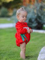 Christmas Smocked Girls Romper with Green Bow and Tree Embroidery by Rylee Faith Designs