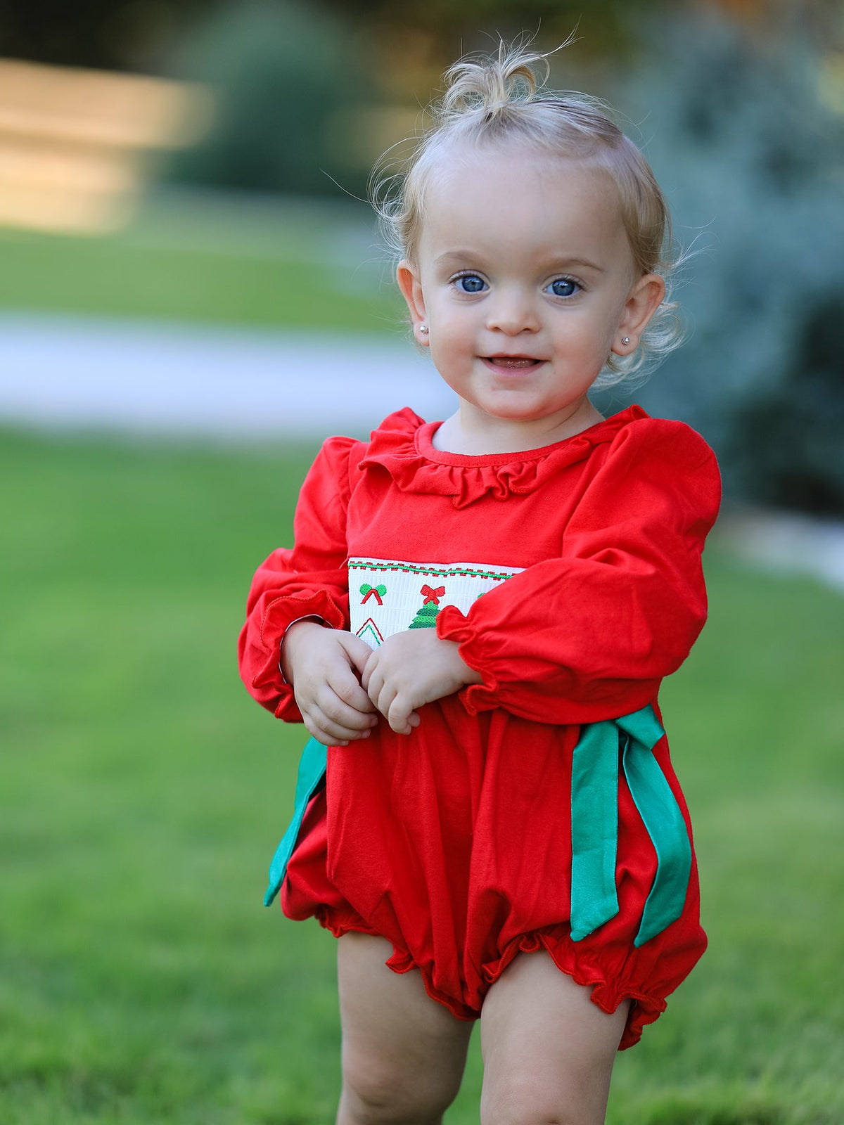 Christmas Smocked Girls Romper with Green Bow and Tree Embroidery by Rylee Faith Designs
