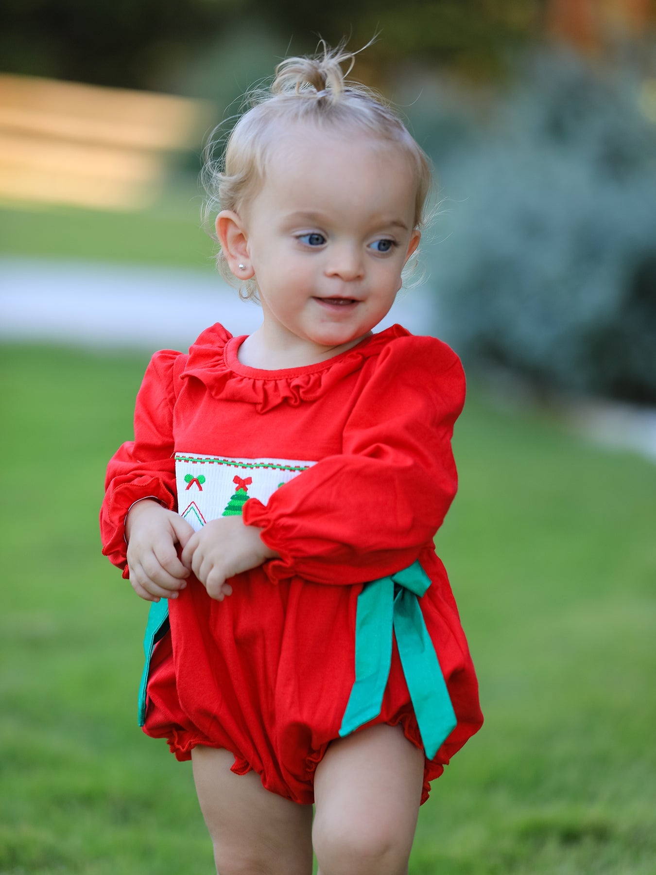 Christmas Smocked Girls Romper with Green Bow and Tree Embroidery by Rylee Faith Designs