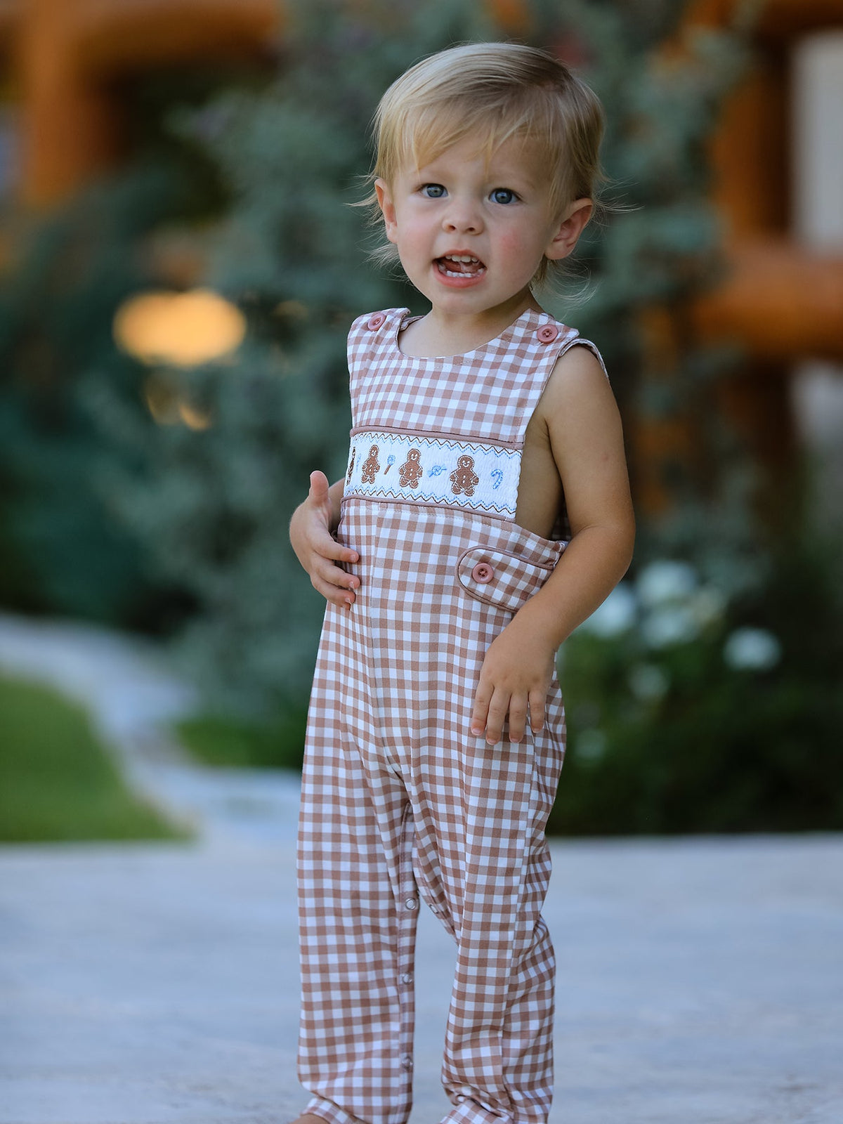 Christmas Vintage-Style Plaid Embroidered Gingerbread and Bows Boy Romper by Rylee Faith Designs