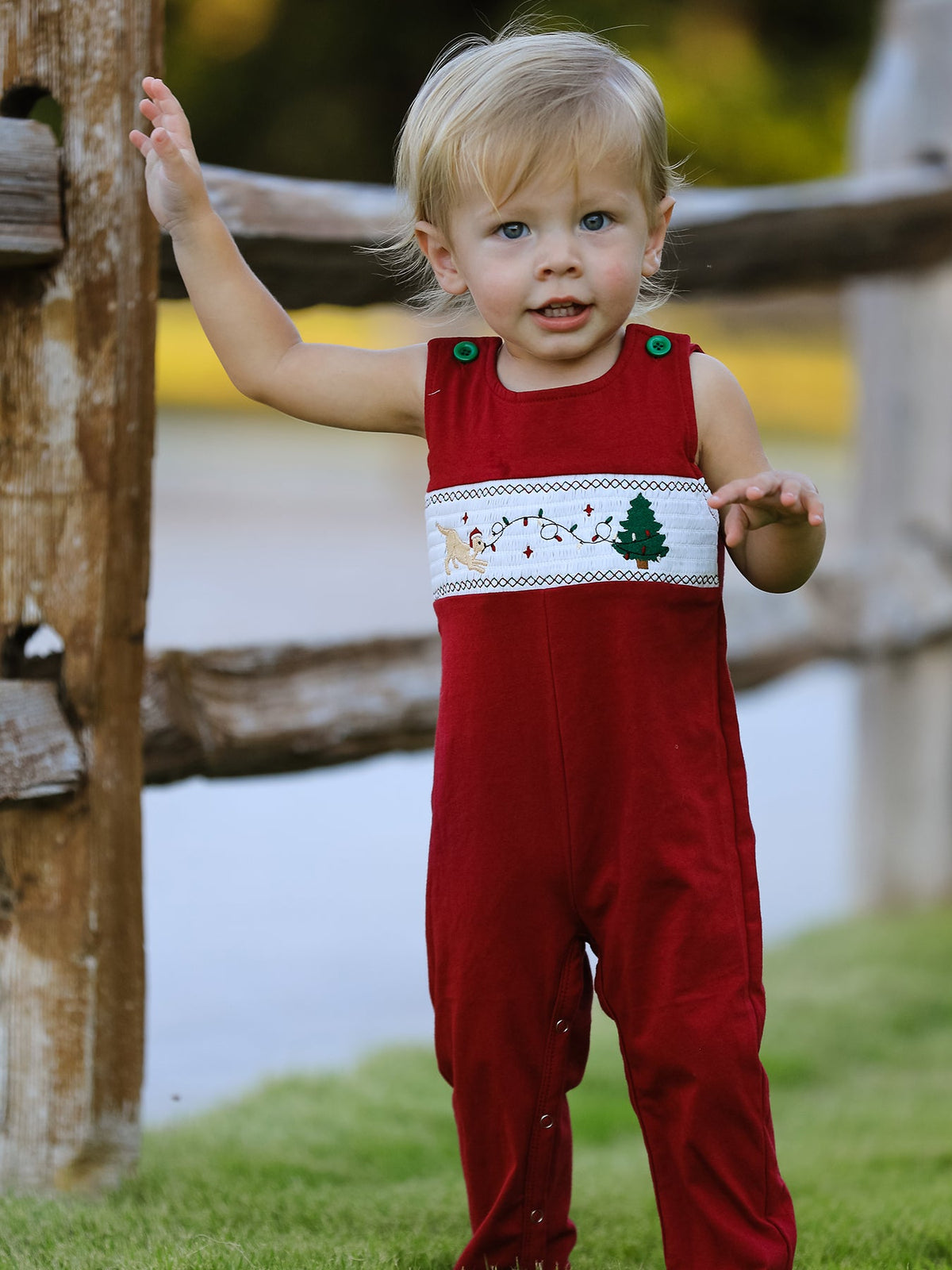 Christmas Tree Dog Smocking Embroidered Baby Boys Romper by Rylee Faith Designs