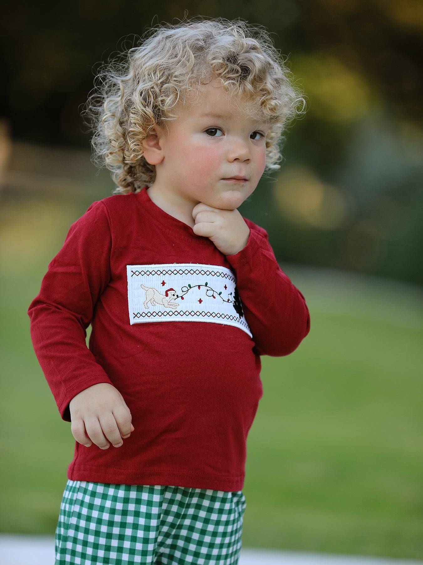 Christmas Tree Dog Smocking Embroidered  Plaid Boys Set by Rylee Faith Designs