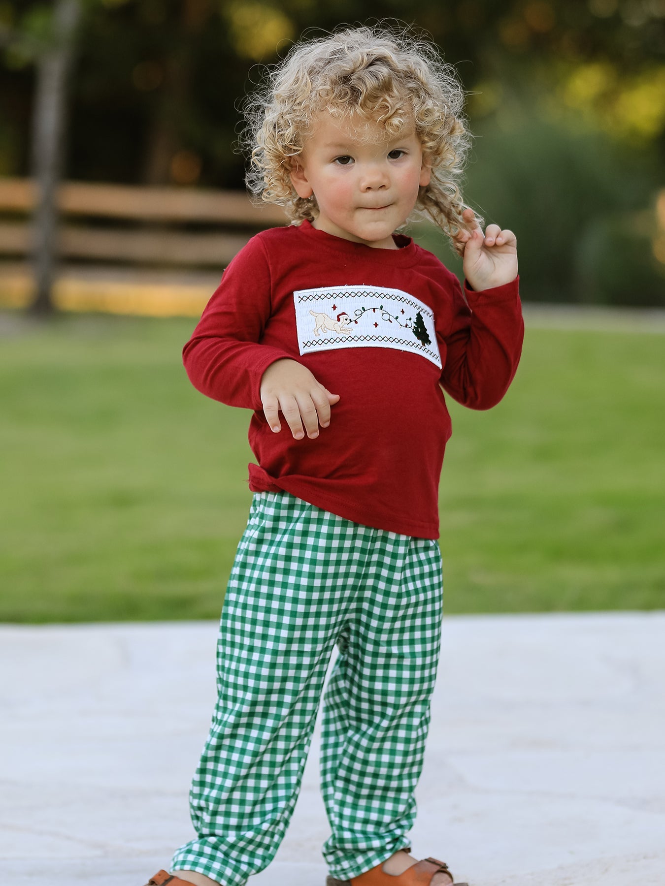 Boys two-piece holiday set with smocked Christmas tree and dog embroidery and plaid shorts