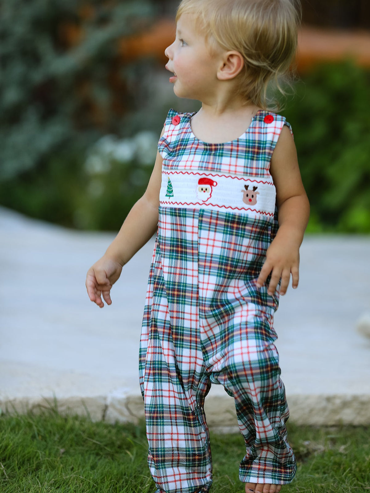 Christmas Jonjon Plaid Smocking Embroidered Boys Romper by Rylee Faith Designs