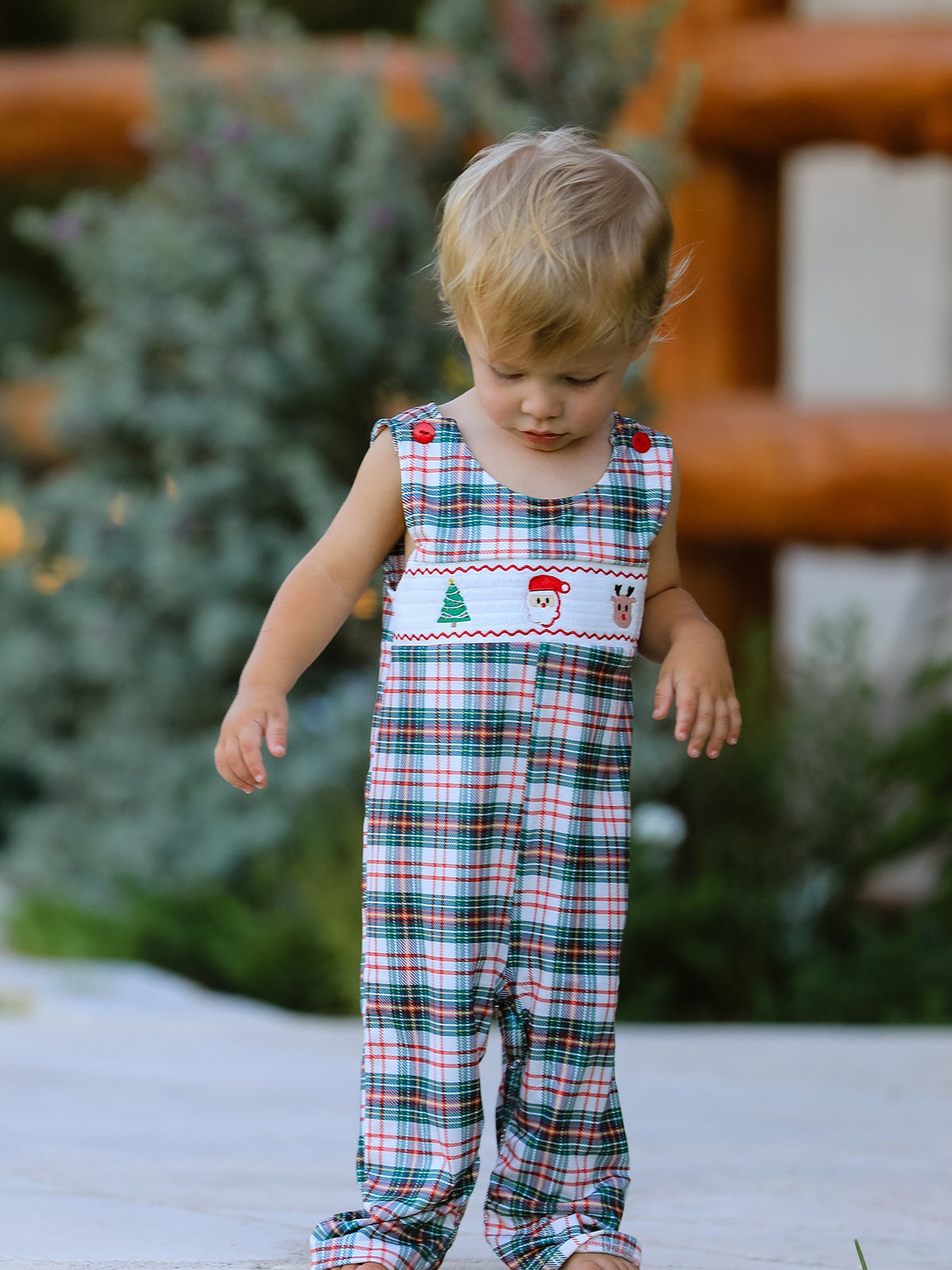 Christmas Jonjon Plaid Smocking Embroidered Boys Romper by Rylee Faith Designs