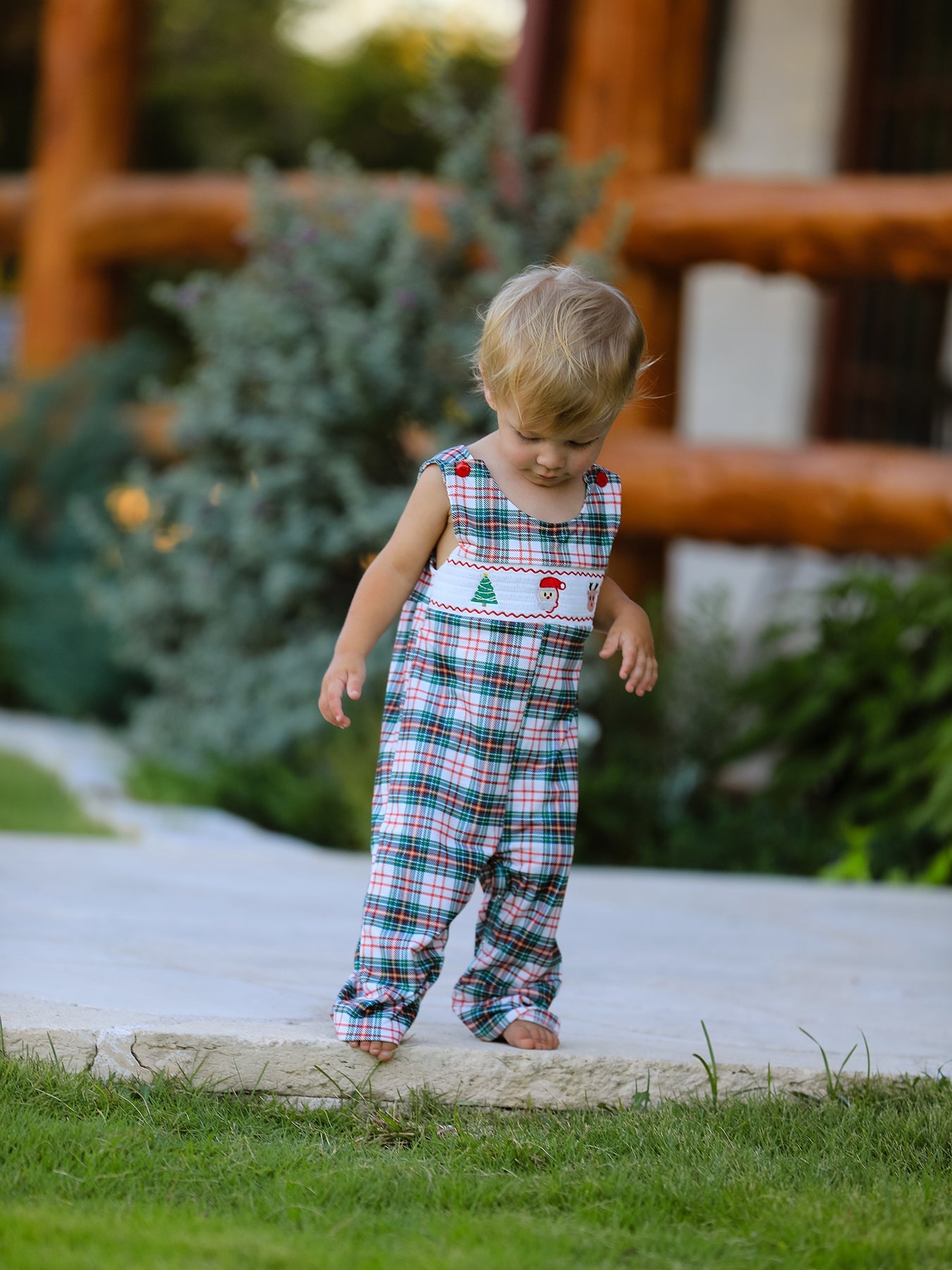 Christmas Jonjon Plaid Smocking Embroidered Boys Romper by Rylee Faith Designs