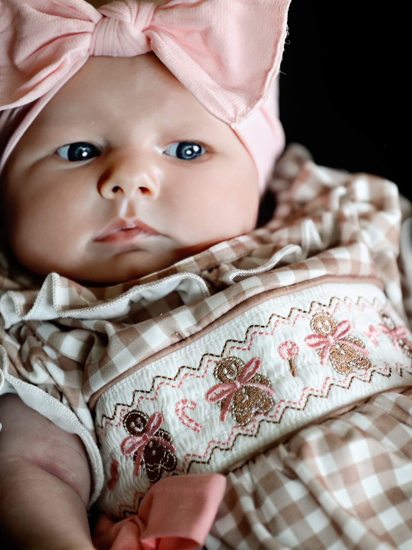 Christmas Vintage-Style Plaid Embroidered Gingerbread and Bows Girls Romper by Rylee Faith Designs