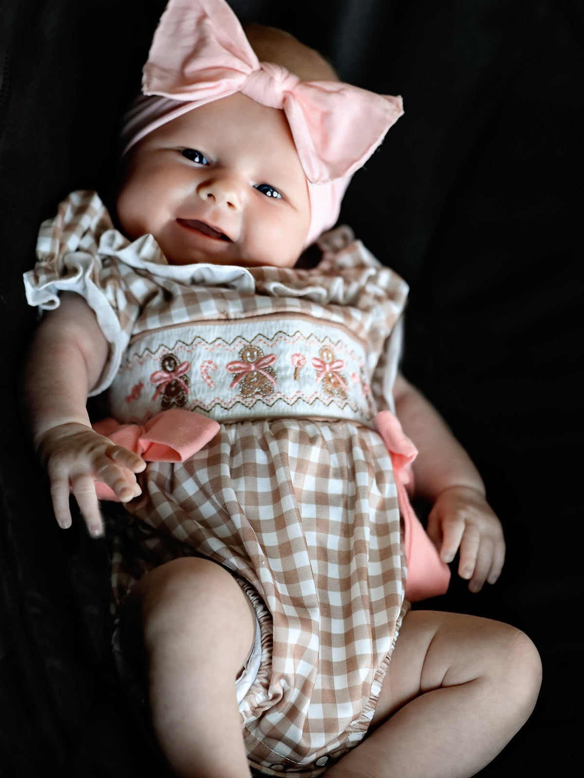 Christmas Vintage-Style Plaid Embroidered Gingerbread and Bows Girls Romper by Rylee Faith Designs