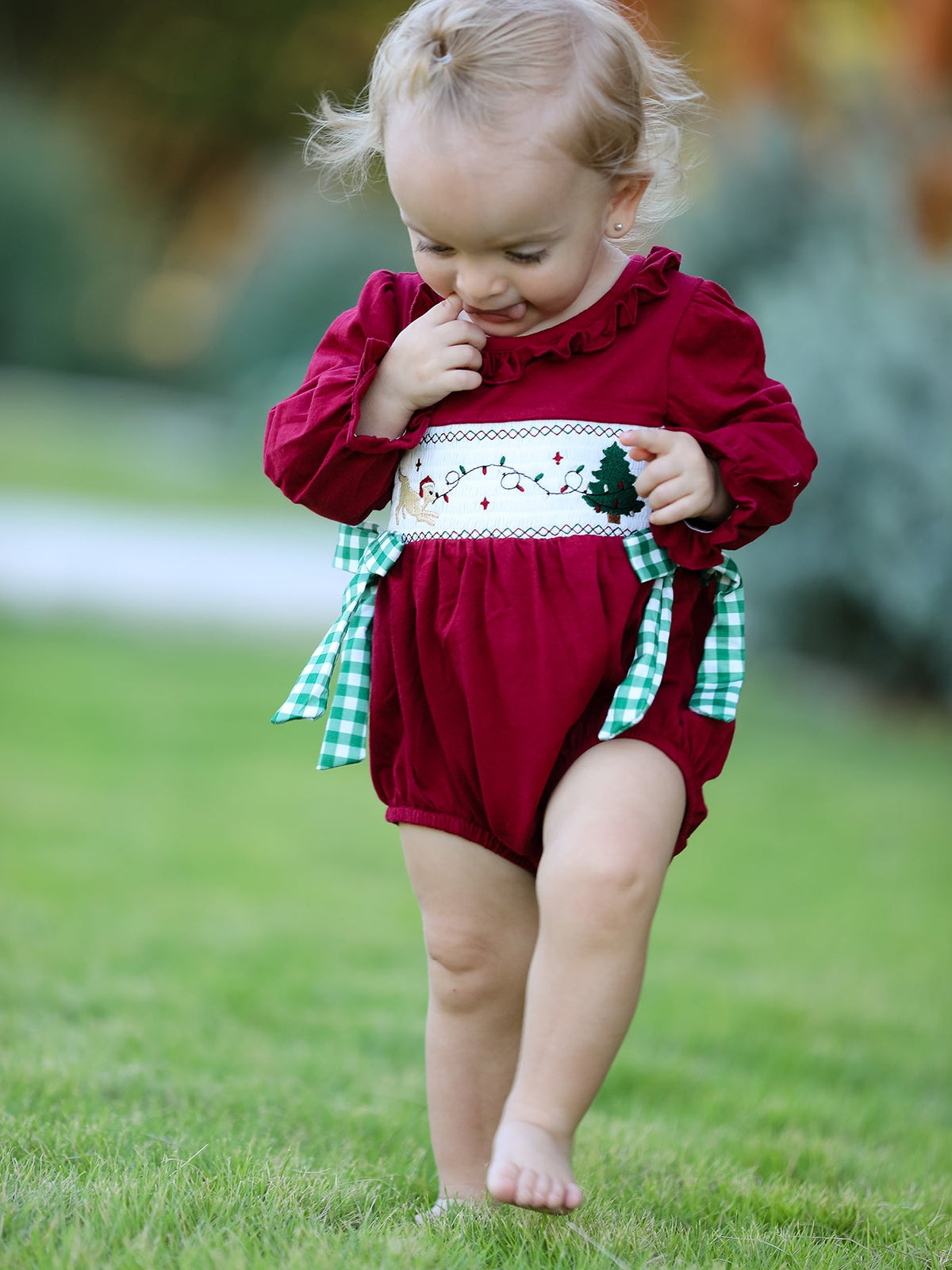 Christmas Embroidered Baby Girls Romper with Green Plaid Bow by Rylee Faith Designs