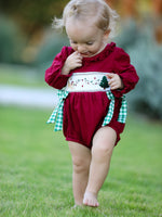 Christmas Embroidered Baby Girls Romper with Green Plaid Bow by Rylee Faith Designs