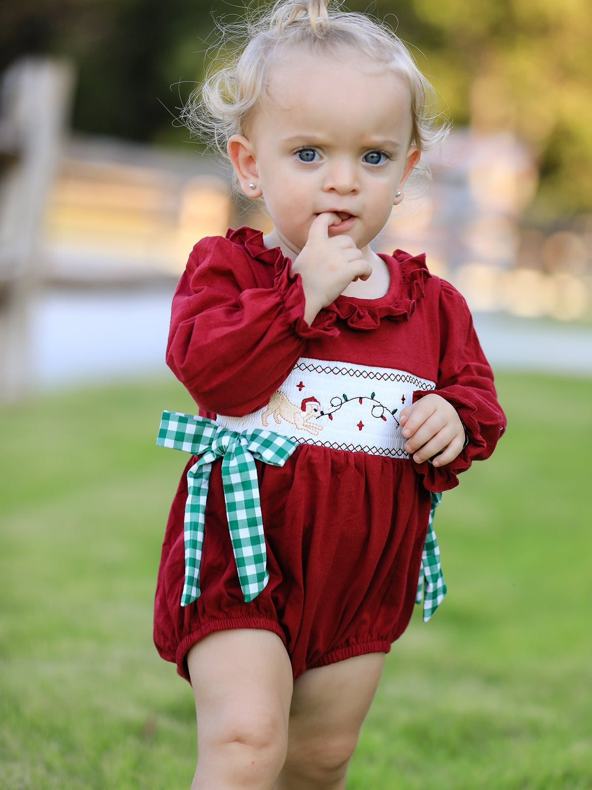 Christmas Embroidered Baby Girls Romper with Green Plaid Bow by Rylee Faith Designs