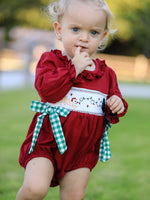 Christmas Embroidered Baby Girls Romper with Green Plaid Bow by Rylee Faith Designs