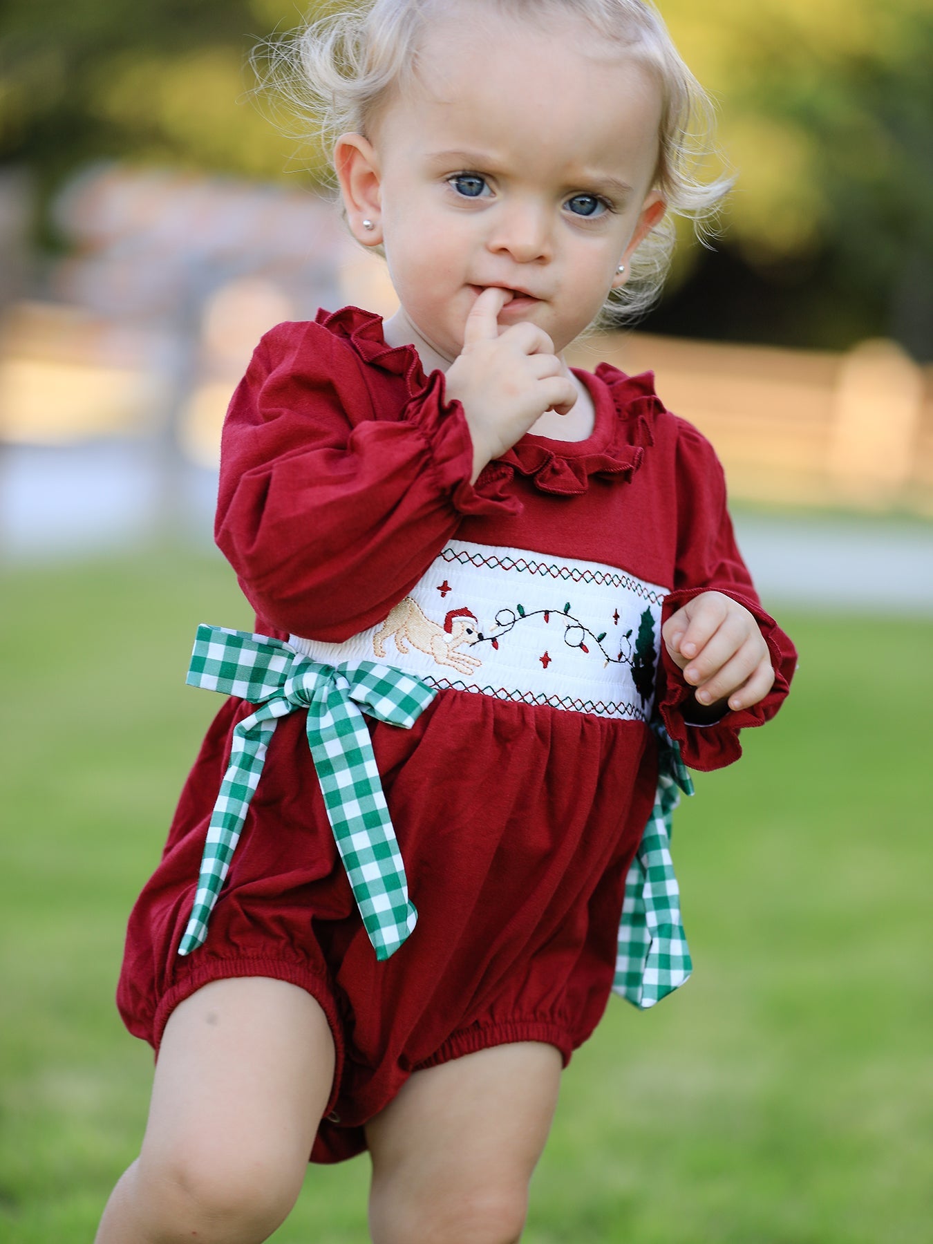 Christmas Embroidered Baby Girls Romper with Green Plaid Bow by Rylee Faith Designs