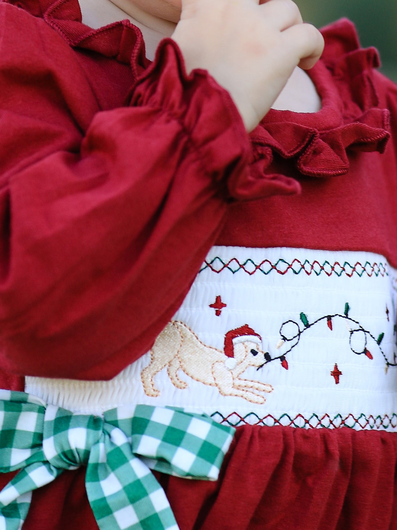 Christmas Embroidered Baby Girls Romper with Green Plaid Bow by Rylee Faith Designs