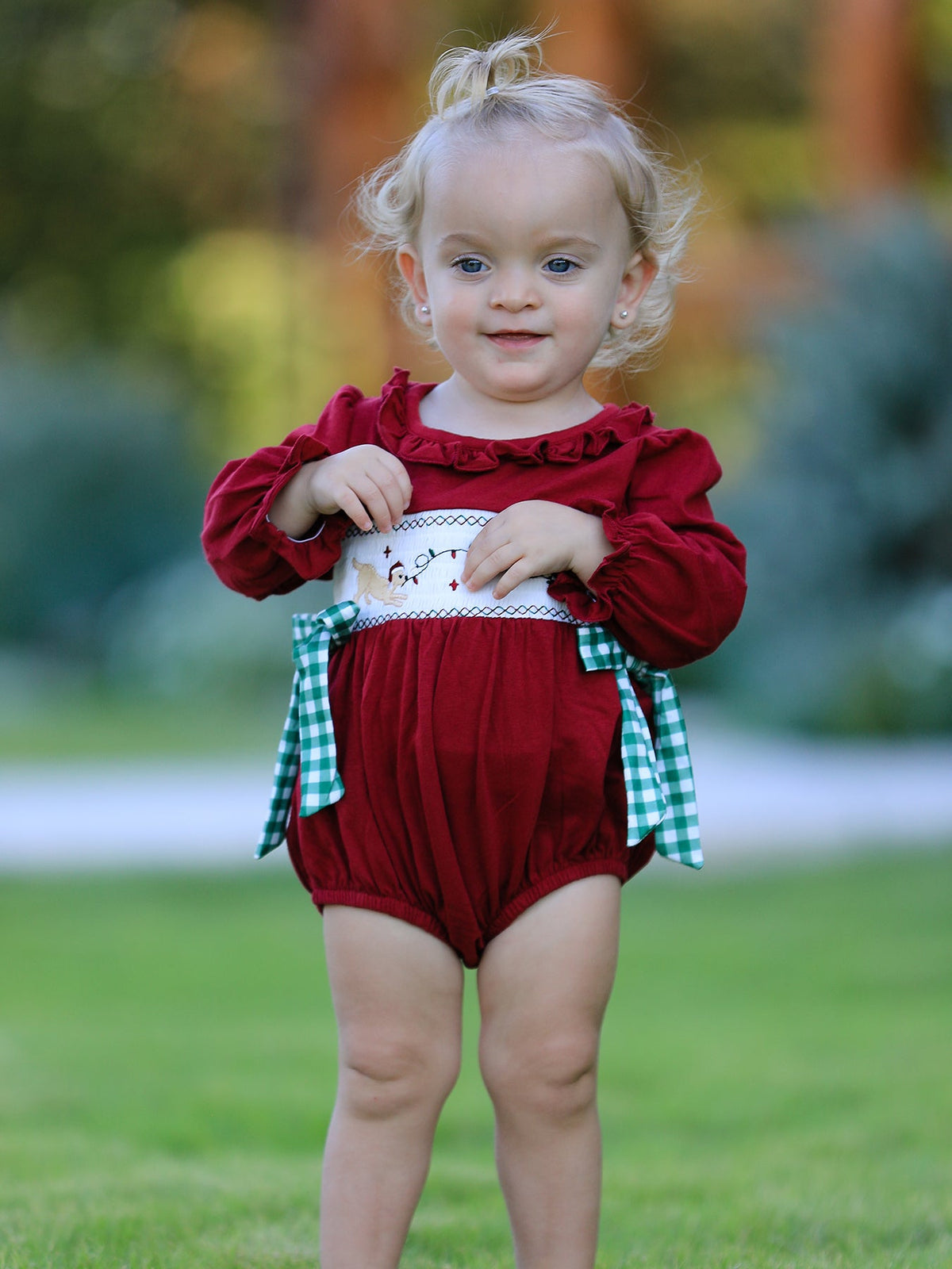 Christmas Embroidered Baby Girls Romper with Green Plaid Bow by Rylee Faith Designs