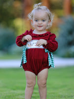 Christmas Embroidered Baby Girls Romper with Green Plaid Bow by Rylee Faith Designs