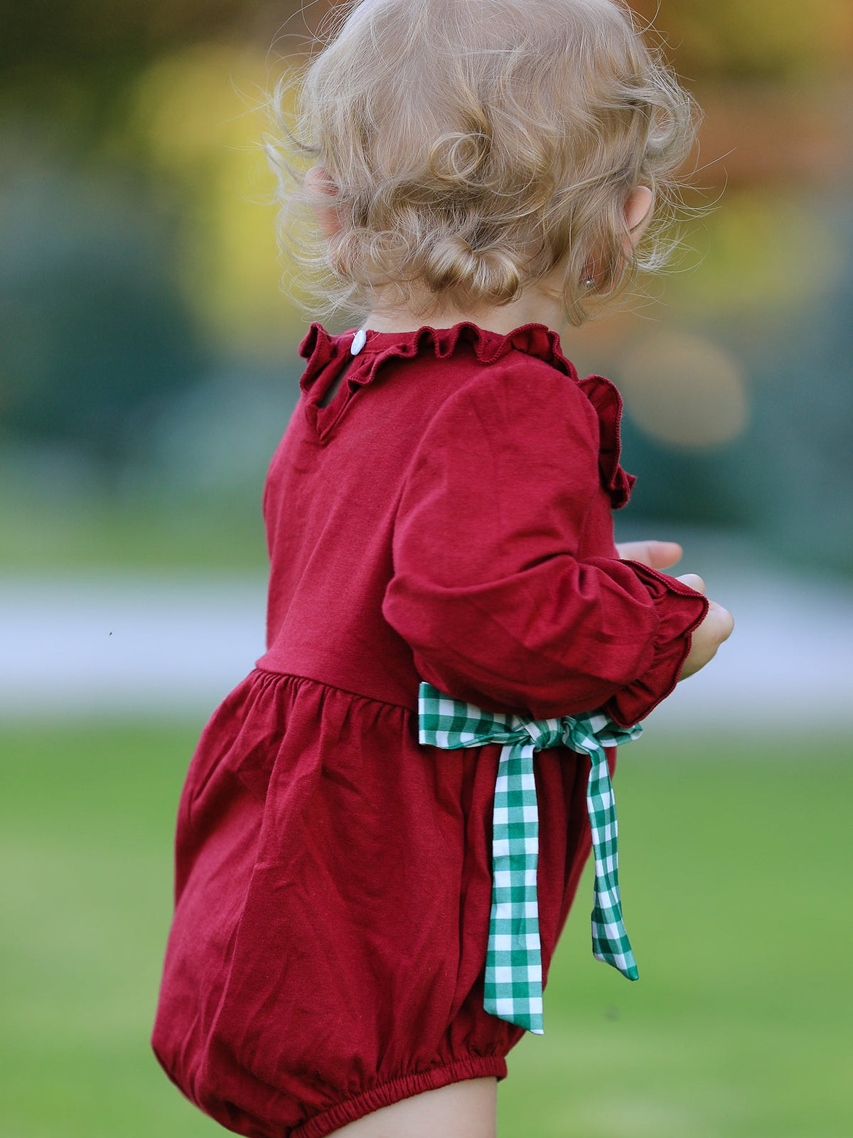 Christmas Embroidered Baby Girls Romper with Green Plaid Bow by Rylee Faith Designs