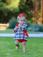 Christmas Plaid Smocking Embroidered Girls Bloomers Romper Set by Rylee Faith Designs