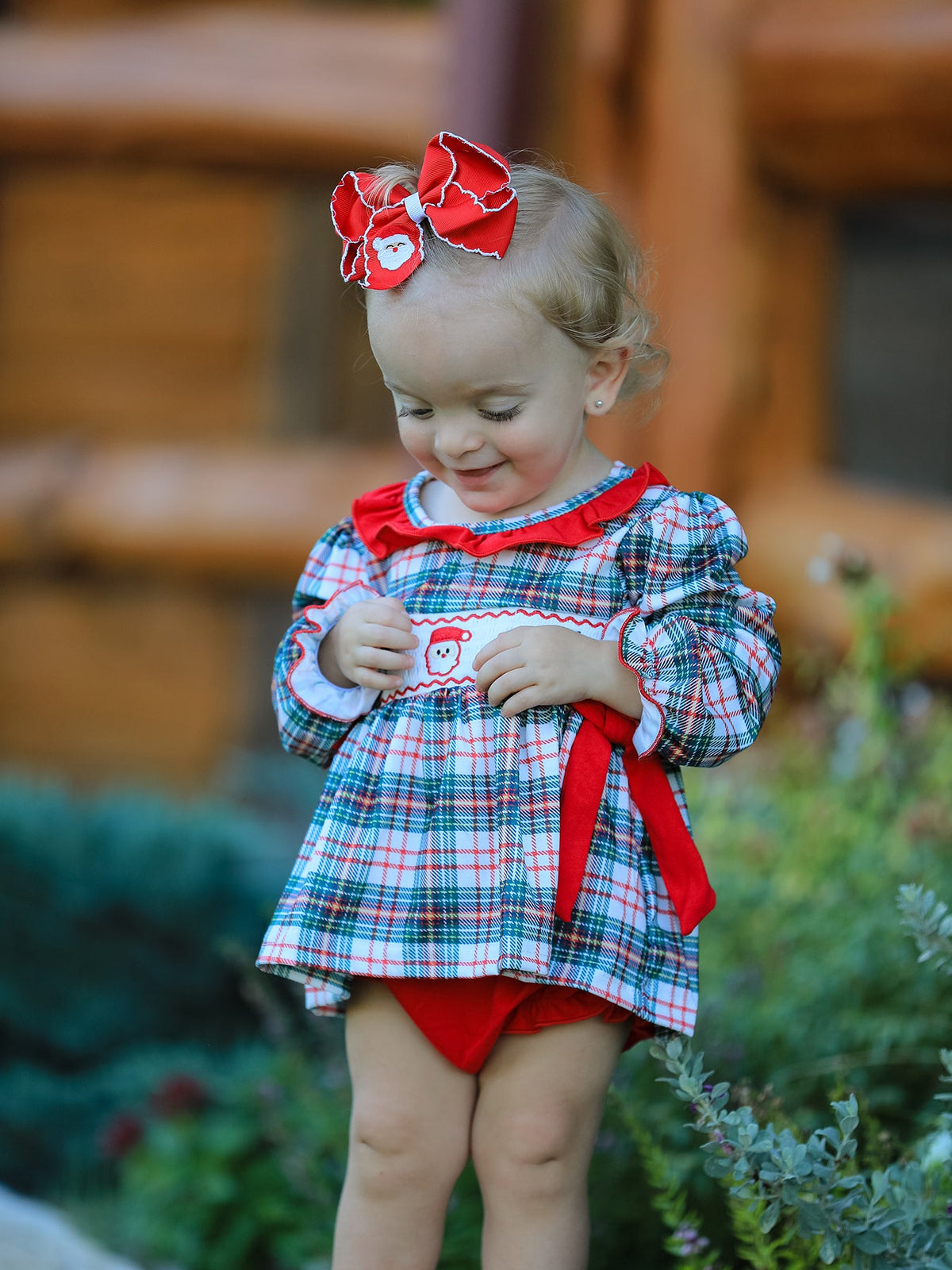 Christmas Plaid Smocking Embroidered Girls Bloomers Romper Set by Rylee Faith Designs