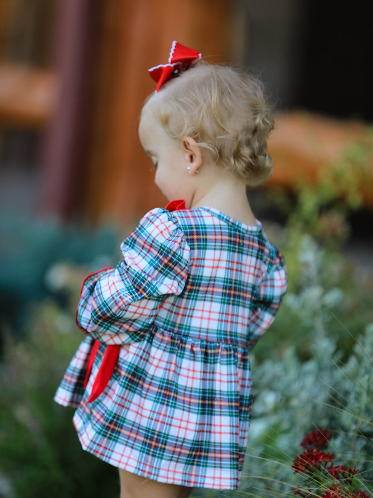 Christmas Plaid Smocking Embroidered Girls Bloomers Romper Set by Rylee Faith Designs