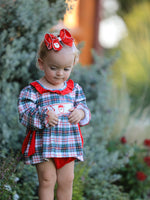 Christmas Plaid Smocking Embroidered Girls Bloomers Romper Set by Rylee Faith Designs