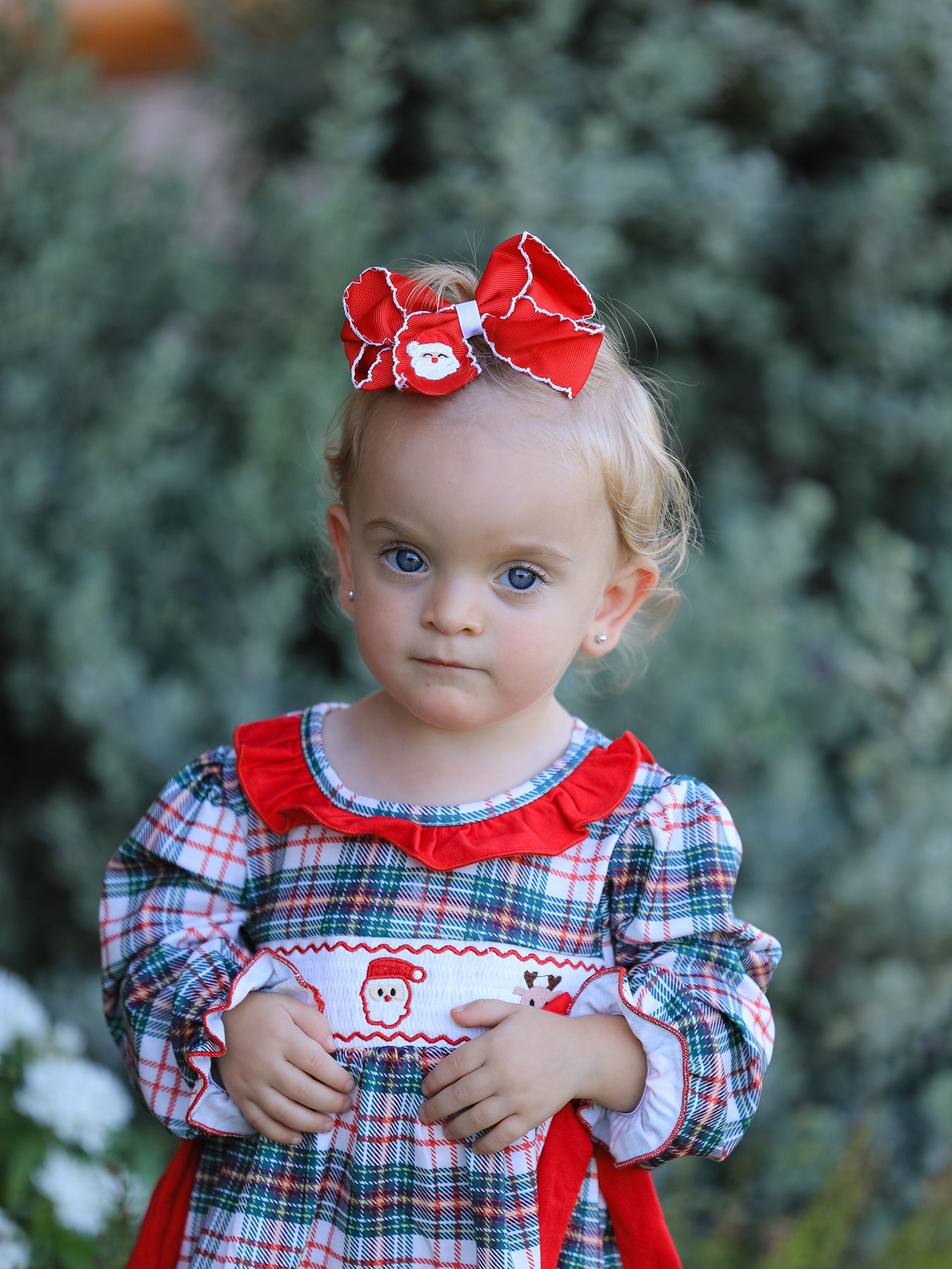 Christmas Plaid Smocking Embroidered Girls Bloomers Romper Set by Rylee Faith Designs