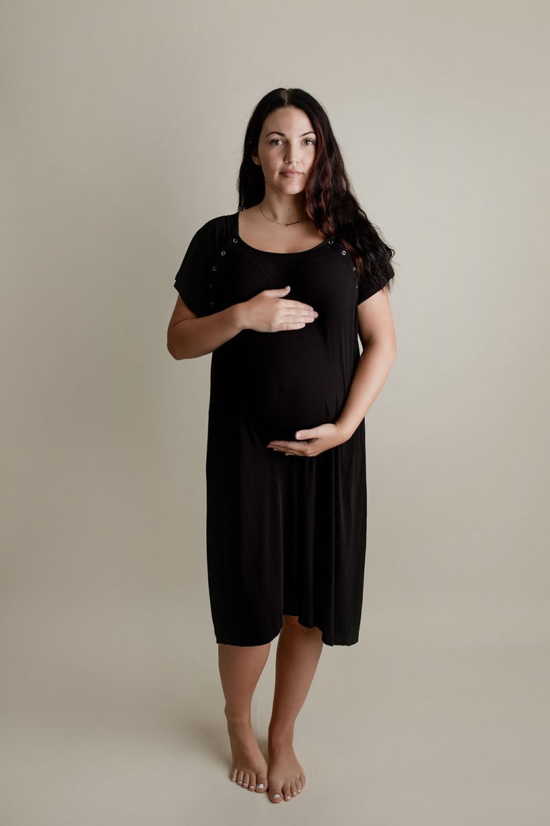 Three Little Tots Ribbed Black Labor and Delivery Nursing Hospital Gown - 