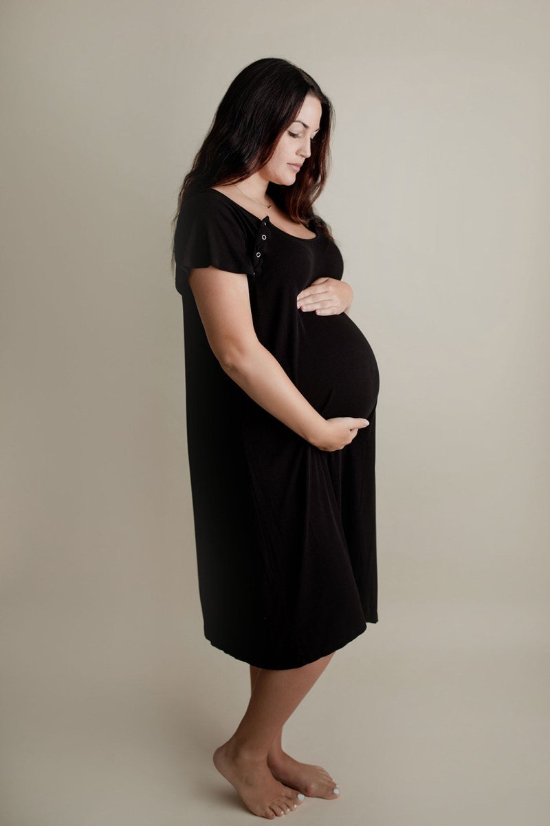 Three Little Tots Ribbed Black Labor and Delivery Nursing Hospital Gown - 