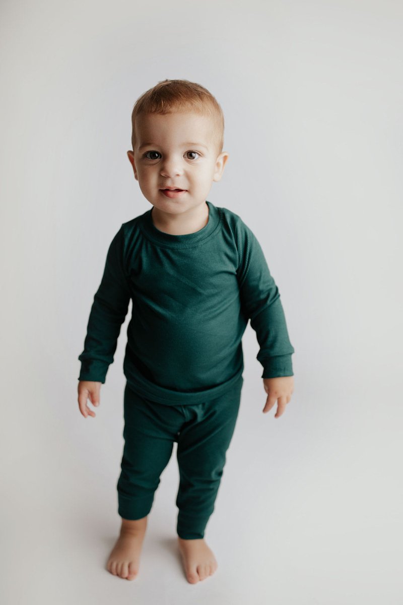 Three Little Tots Ribbed Forest Green Jammies - 