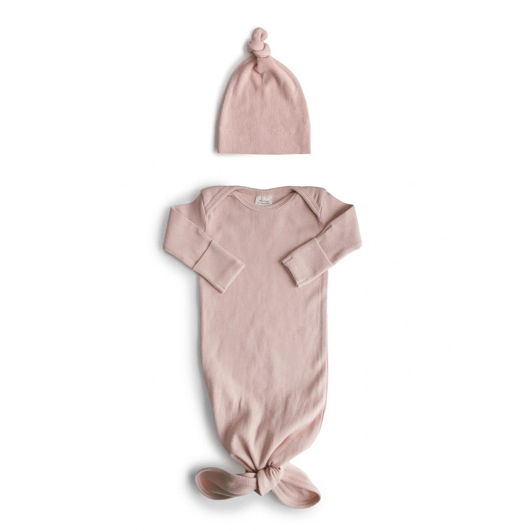 Mushie Ribbed Knotted Baby Gown + Beanie Set - 