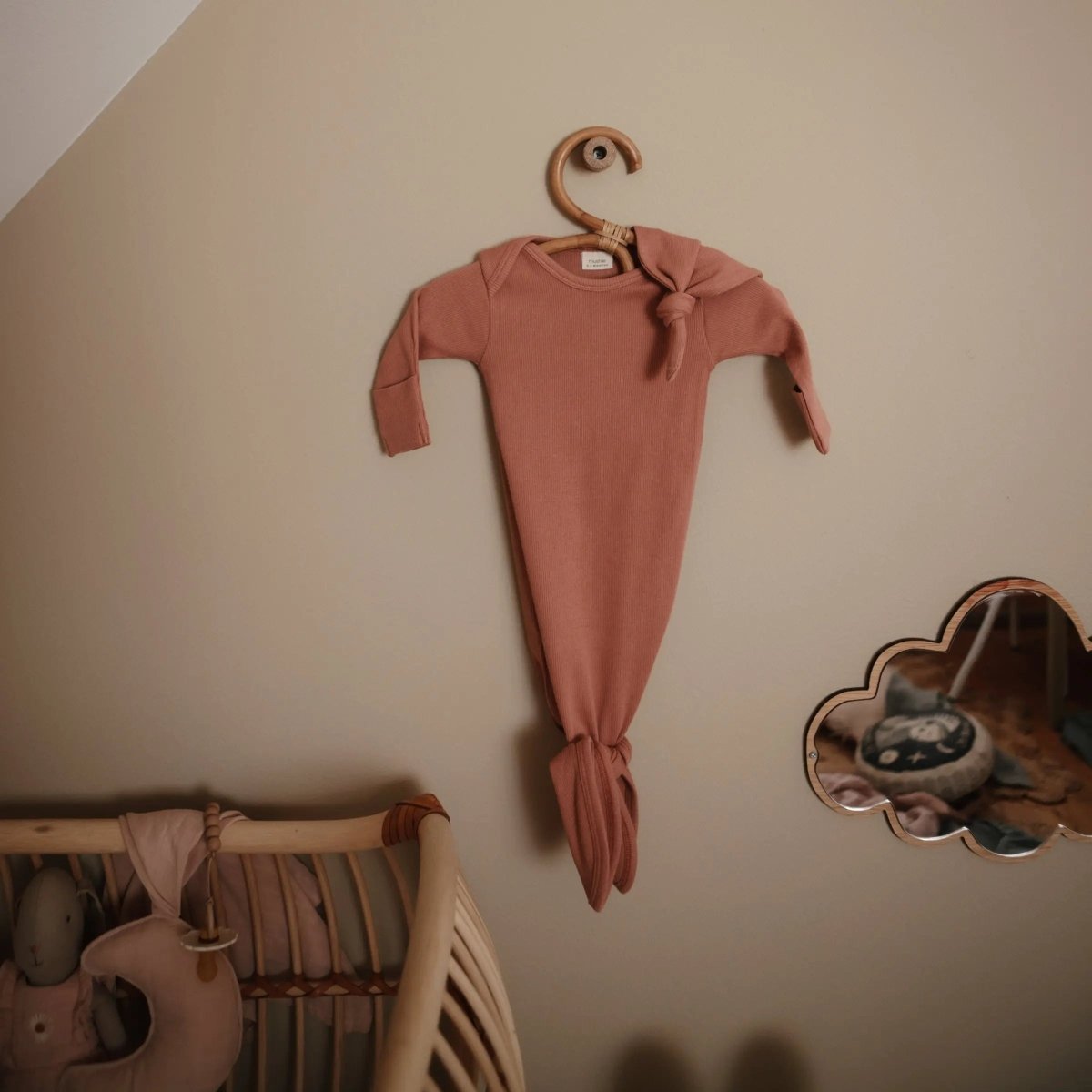 Mushie Ribbed Organic Cotton Baby Beanie for Newborns 0 - 3 Months with Top Knot Design - 