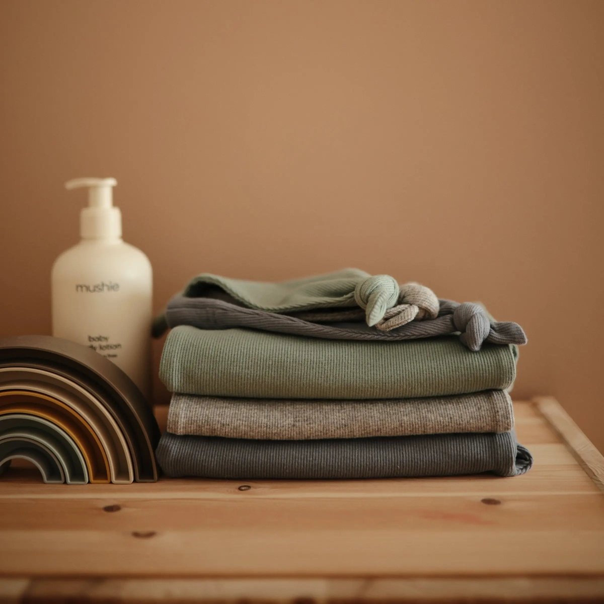 Mushie Ribbed Organic Cotton Baby Beanie for Newborns 0 - 3 Months with Top Knot Design - 