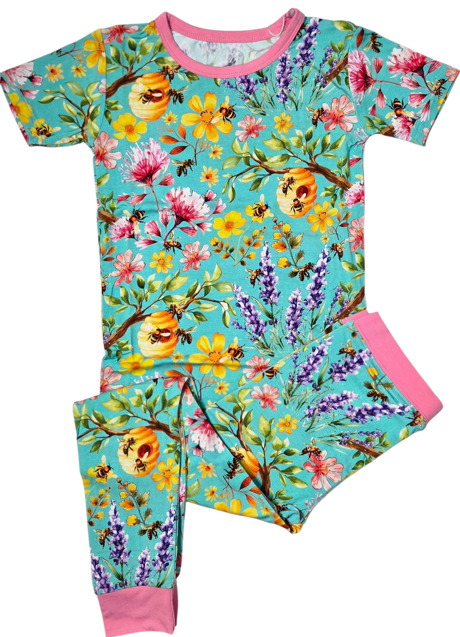 Toddler two-piece pajama set with short-sleeve top and long pants in a floral bee print