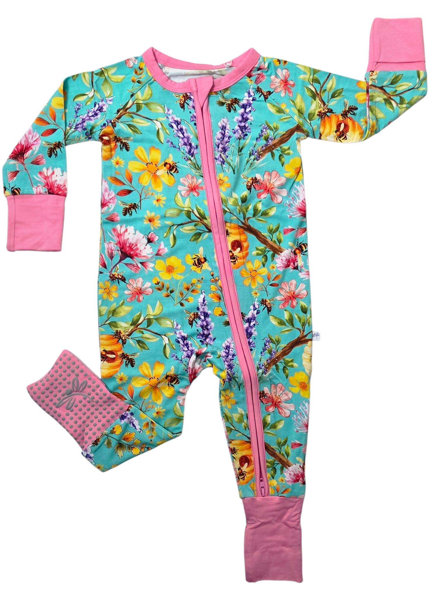 Convertible zip-up baby footie in a Buzzing Blooms floral print with fold-over feet cuffs