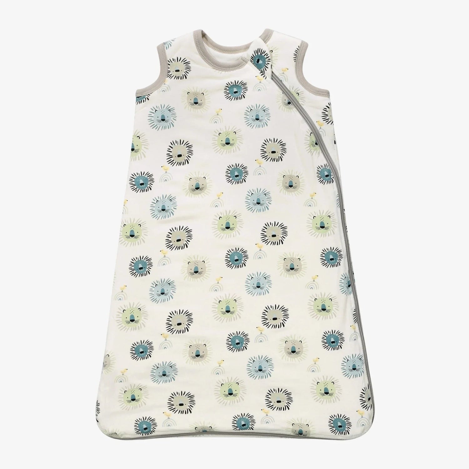 Blue sleeveless sleep bag with a dinosaur roar print and a two-way reversible zipper down the front