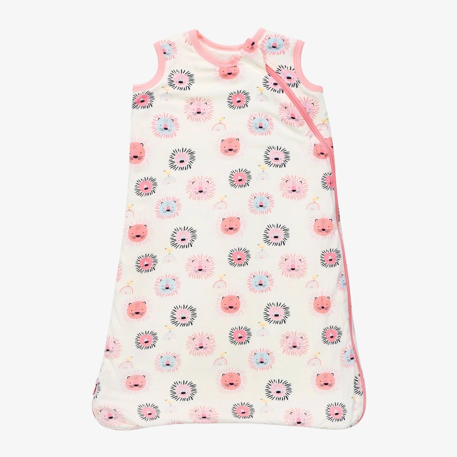 Sleeveless baby sleep bag in pink with a roar dinosaur print and a front zipper.