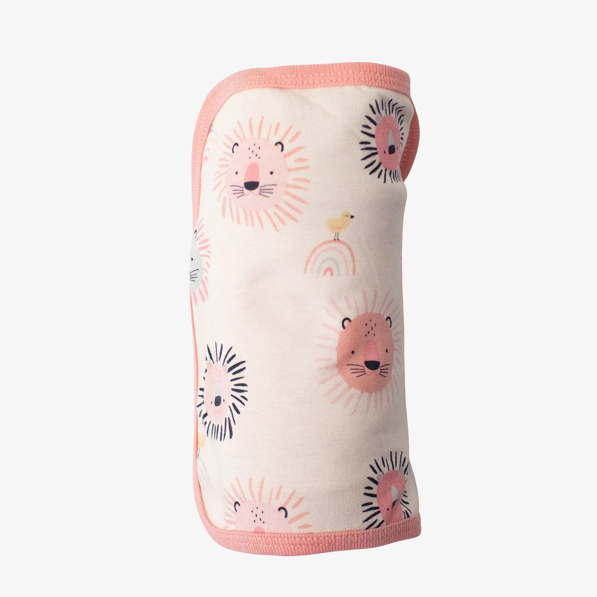 Pink swaddle blanket with a playful animal roar print, laid out flat.