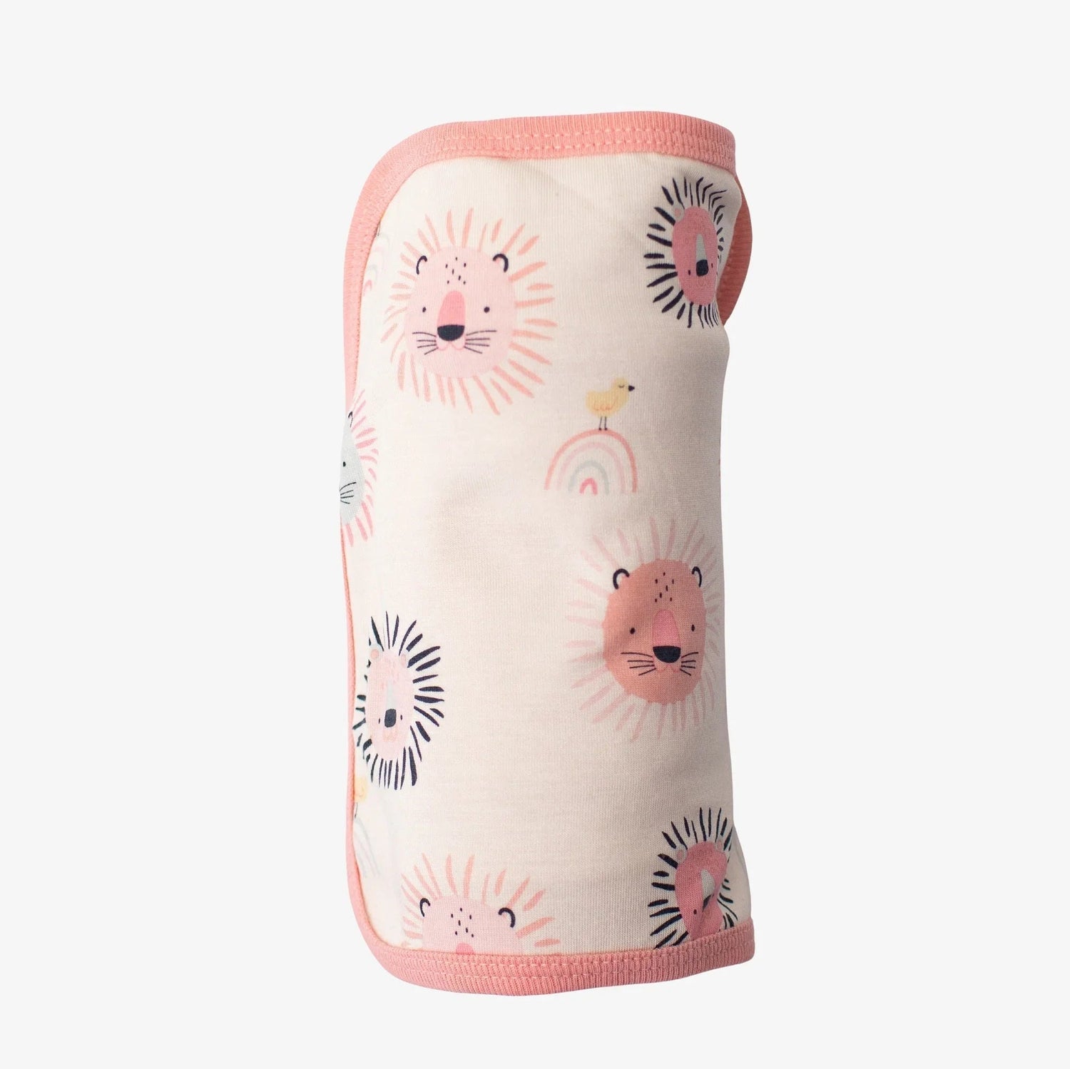 Pink swaddle blanket with a playful animal roar print, laid out flat.