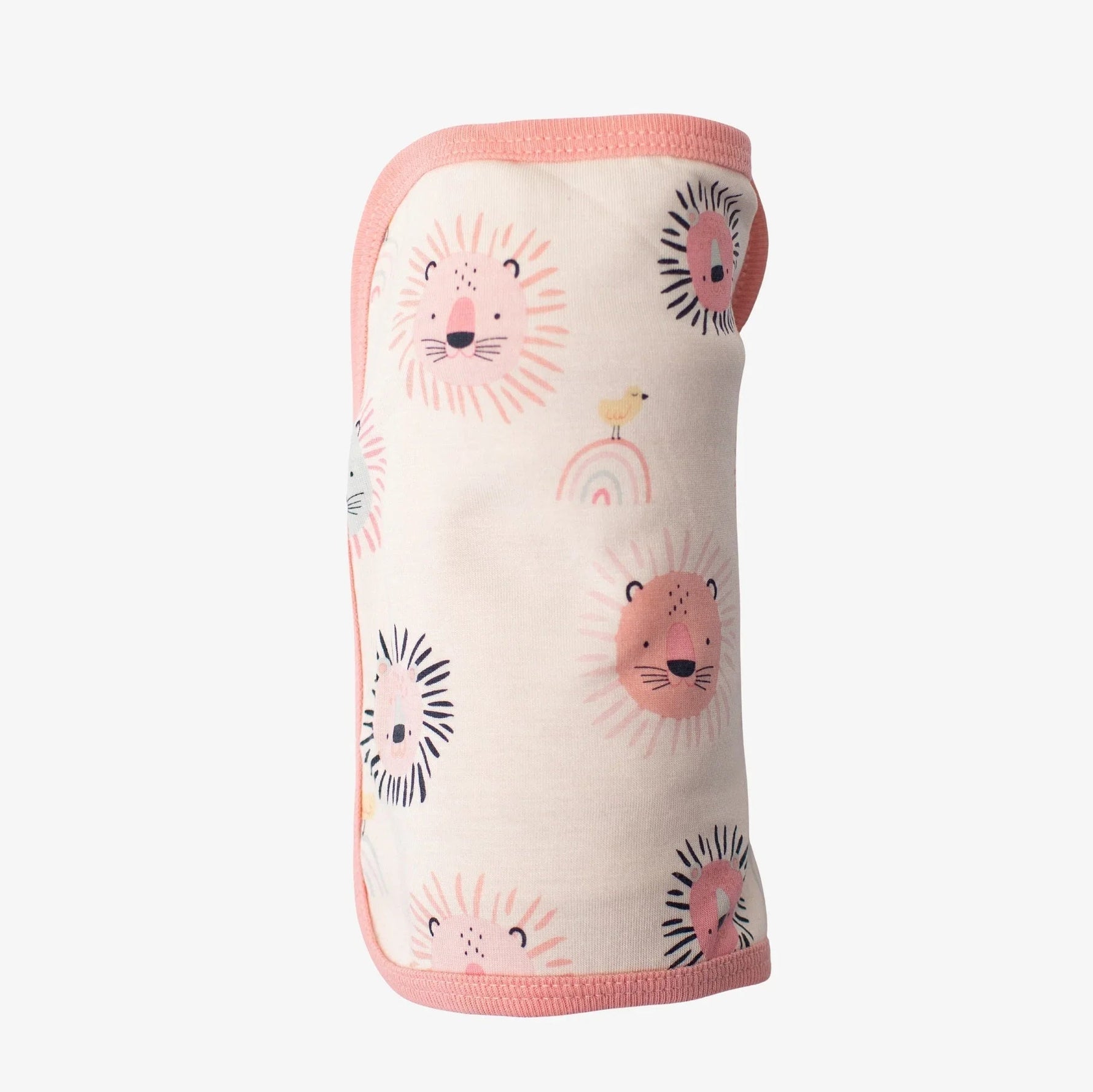 Pink swaddle blanket with a playful animal roar print, laid out flat.