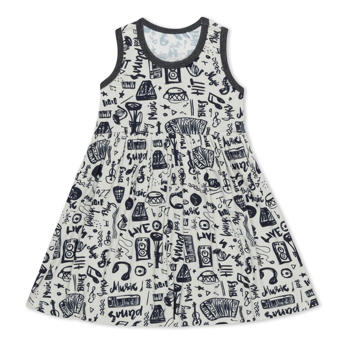 Sleeveless racer-back toddler dress in the Rockin Jams print