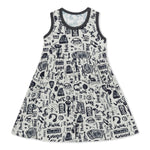 Sleeveless racer-back toddler dress in the Rockin Jams print