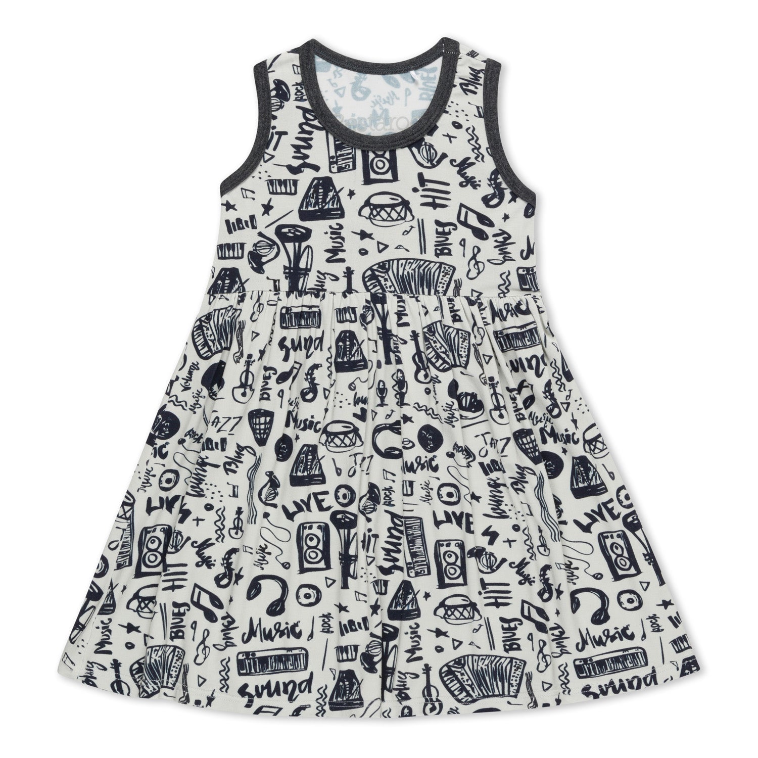 Sleeveless racer-back toddler dress in the Rockin Jams print