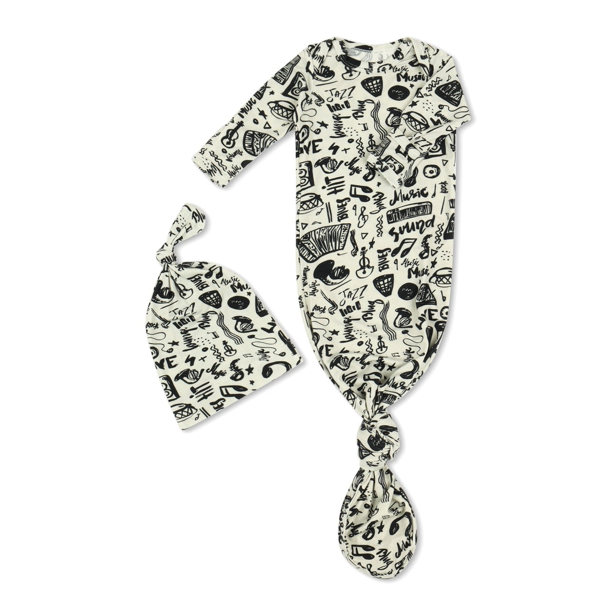Baby gown and matching hat in a musical notes and instruments print with fold-over hand mittens and tie bottom.