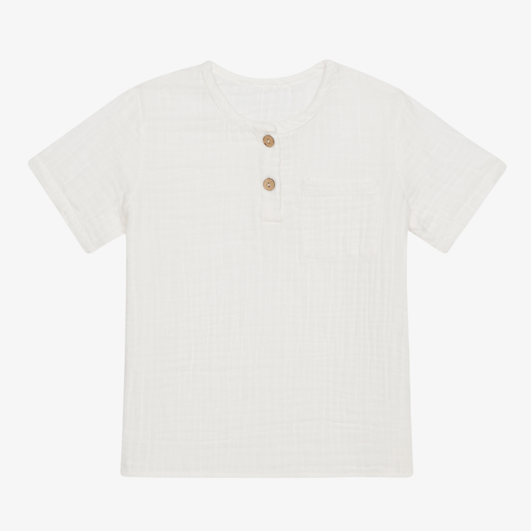 White baby Henley button-down shirt with short sleeves in soft gauze cotton