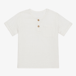White baby Henley button-down shirt with short sleeves in soft gauze cotton