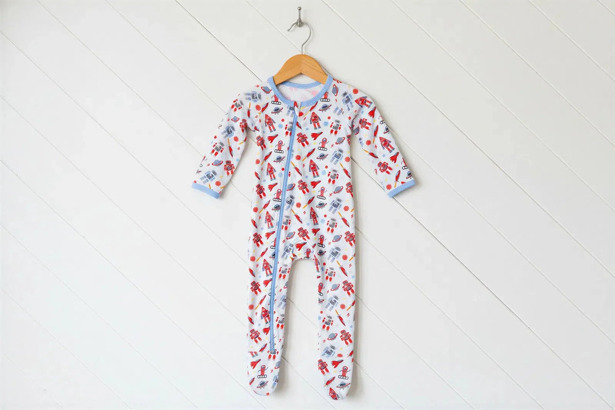 Bamboo baby footie pajamas with two-way front zipper and covered feet