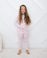 Baby zip-up hoodie in blush and white stripes with a lined hood and kangaroo pockets