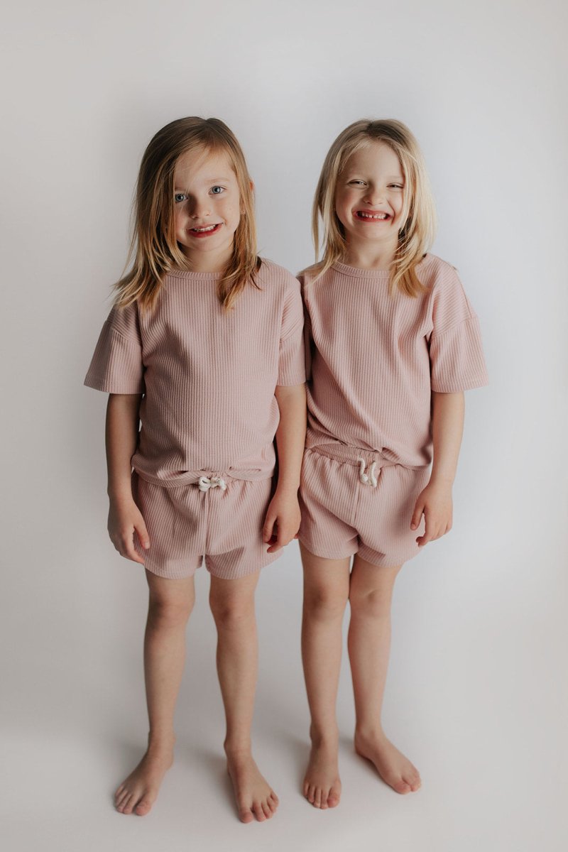 Three Little Tots Rose Summer Waffle Top & Bottom Set - 