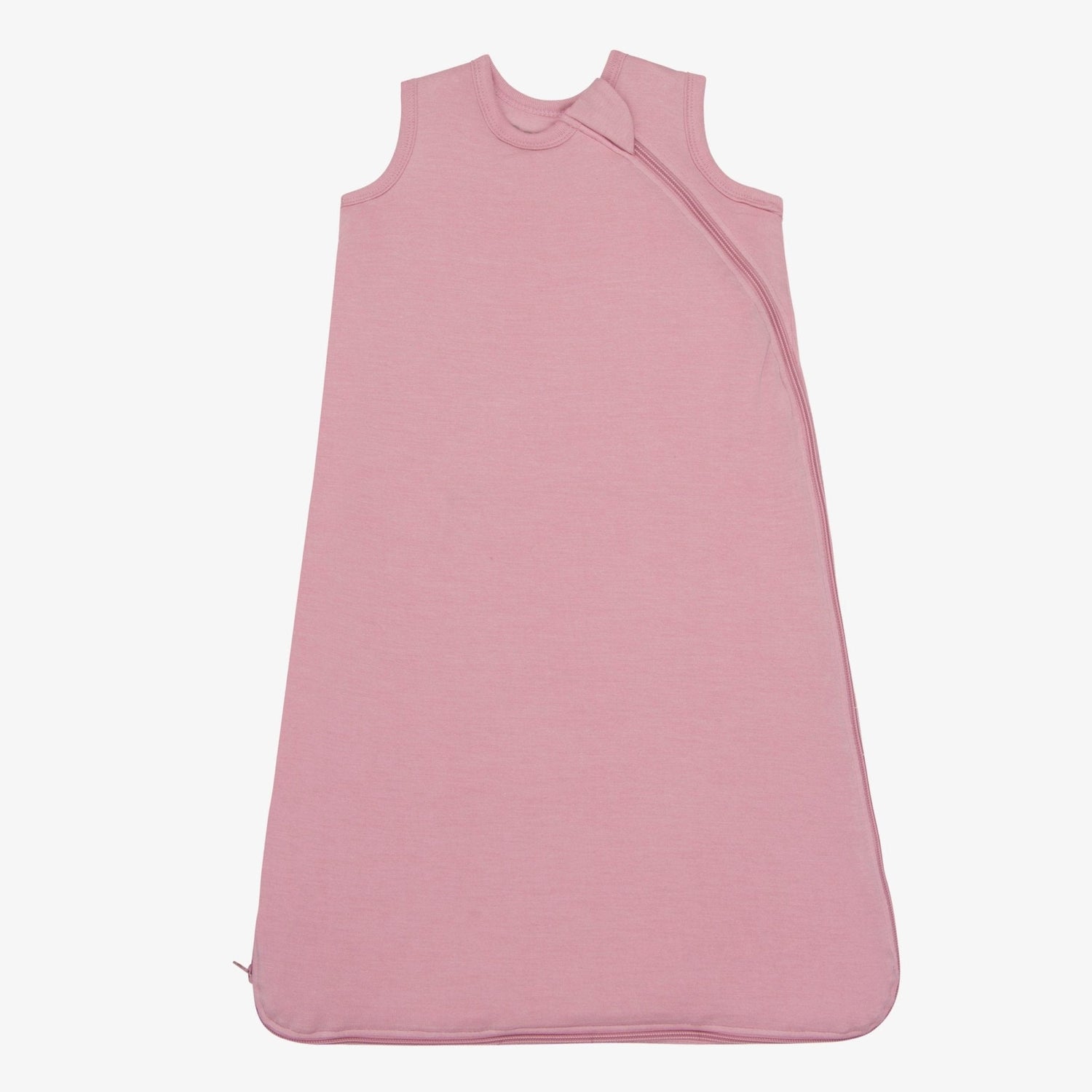 Sleeveless baby sleep bag in rosey pink with a full-length zipper down the front.